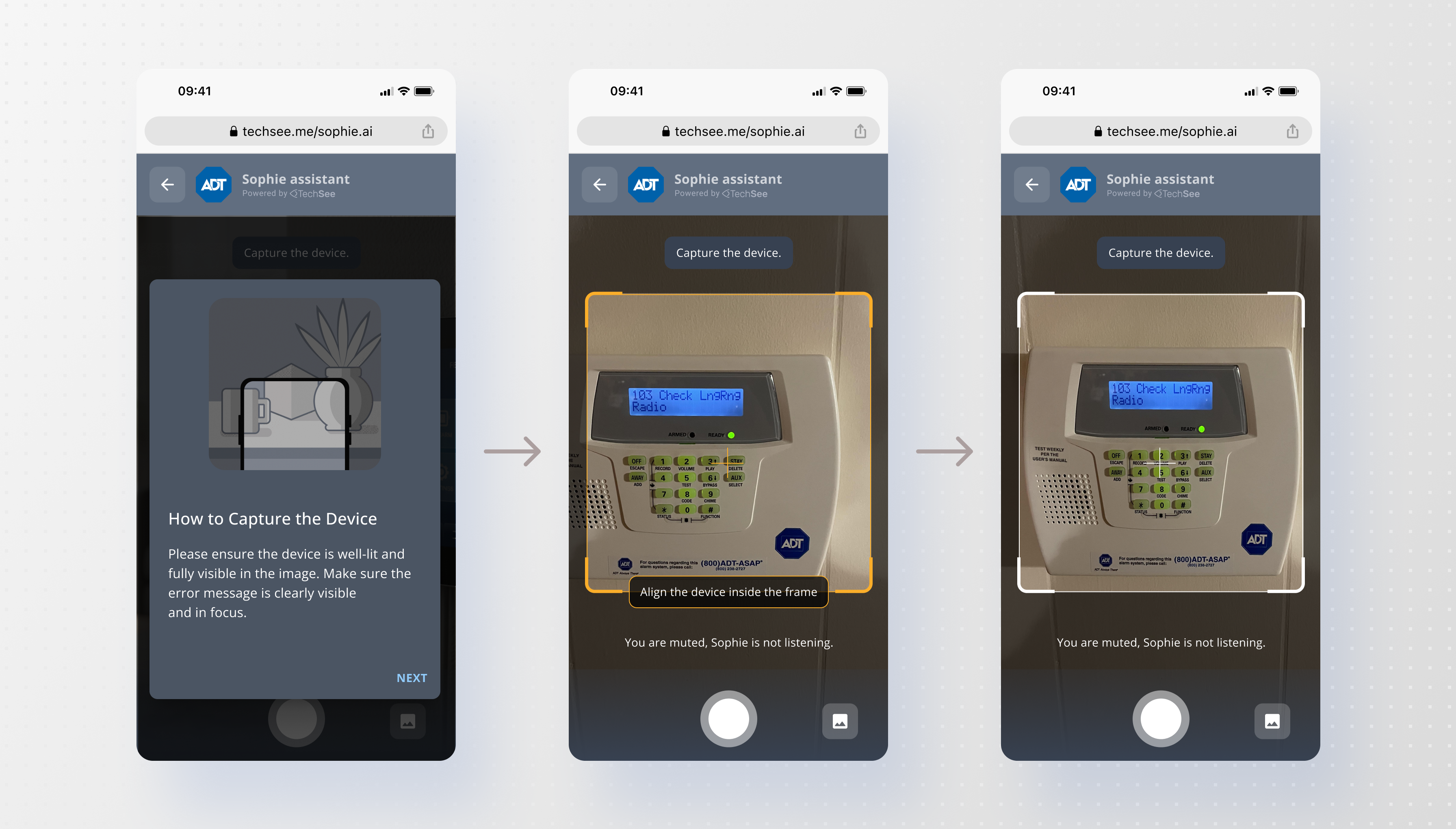 Three phone screens: the explanatory screen before capture, live framing feedback, and the captured device
